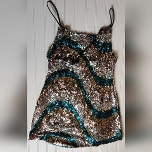AU 10 US M SELFIE LESLIE SHOW ME LOVE COWL NECK SEQUIN SWIRL MINI DRESS NWT